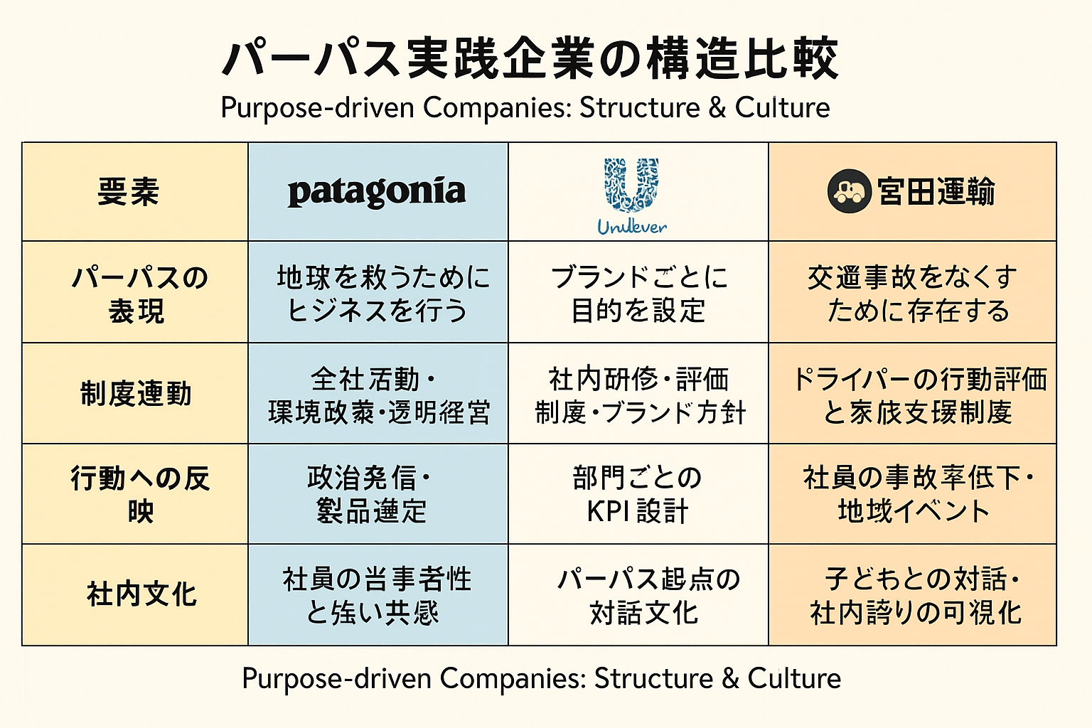 パーパスを実装している企業の構造比較図（Patagonia、ユニリーバ、宮田運輸）