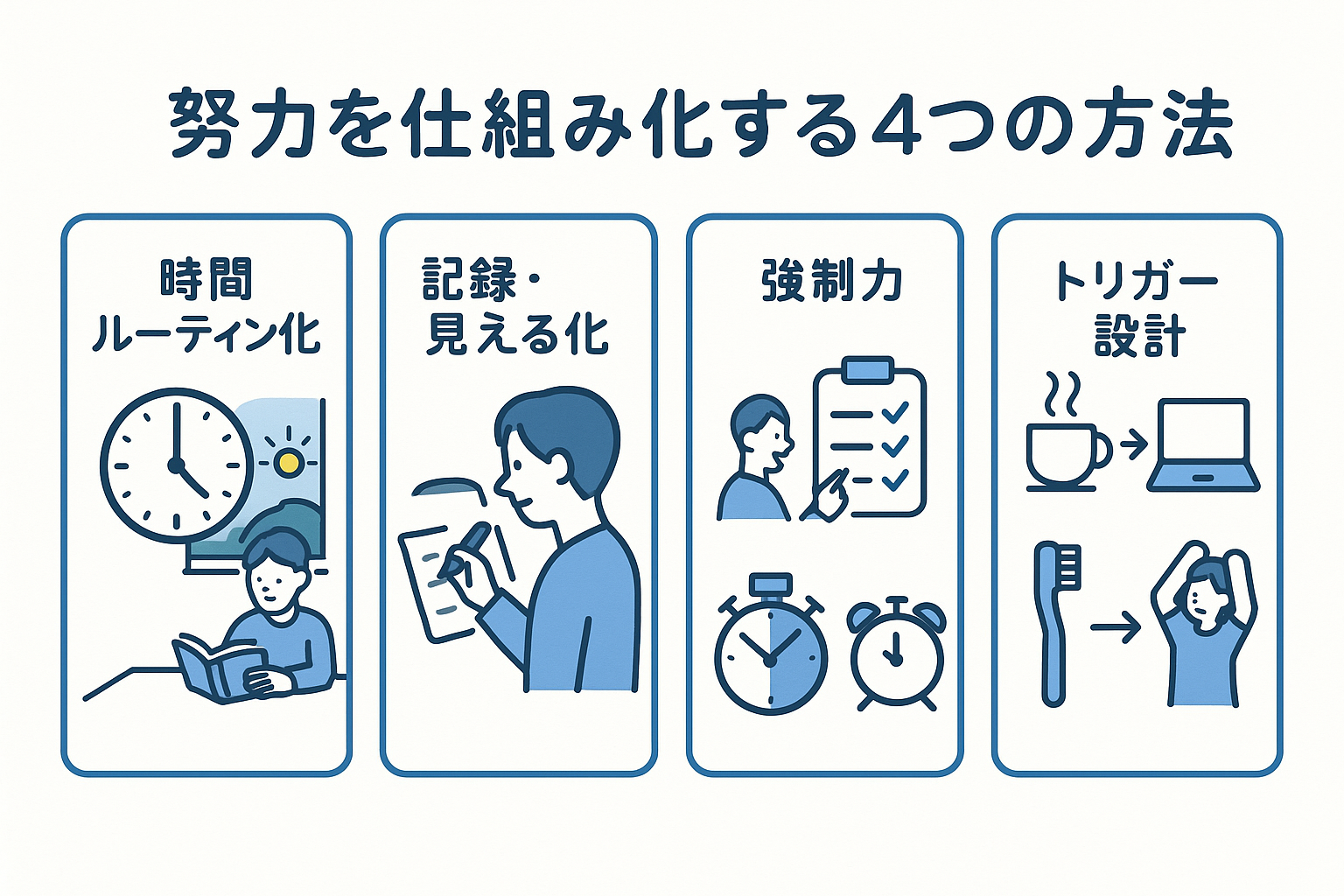 時間ルーティンや強制力などの仕組み化テクニックを説明するイラスト