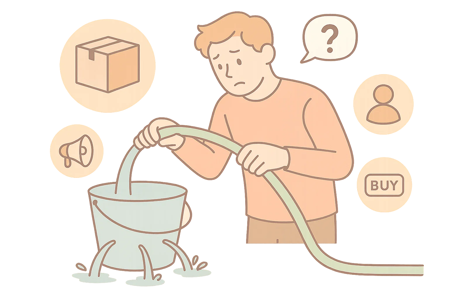 穴が開いて水がたまらないバケツのイラスト
