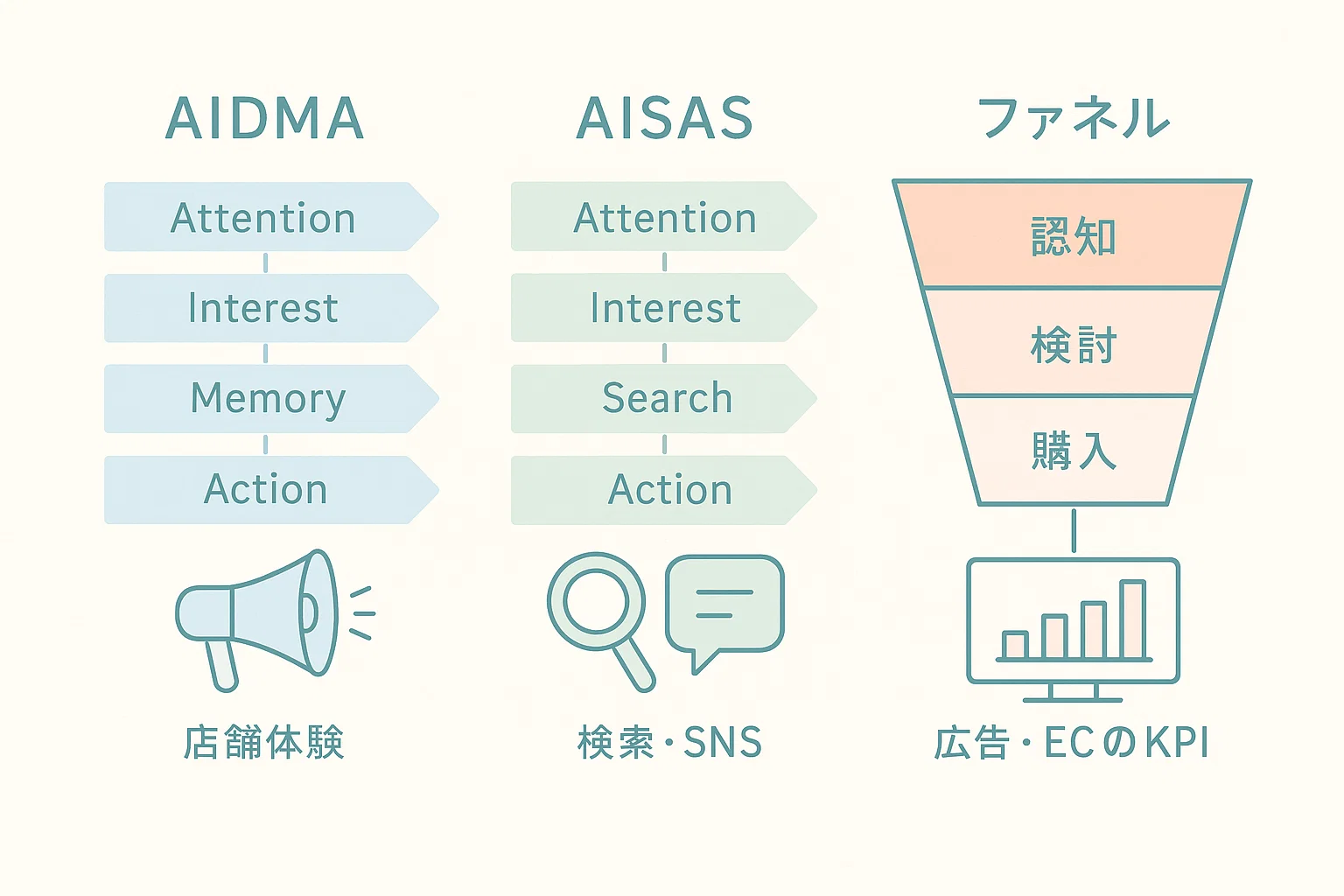 AIDMA・AISAS・ファネルの違い比較(流れ/強み/適用シーン)
