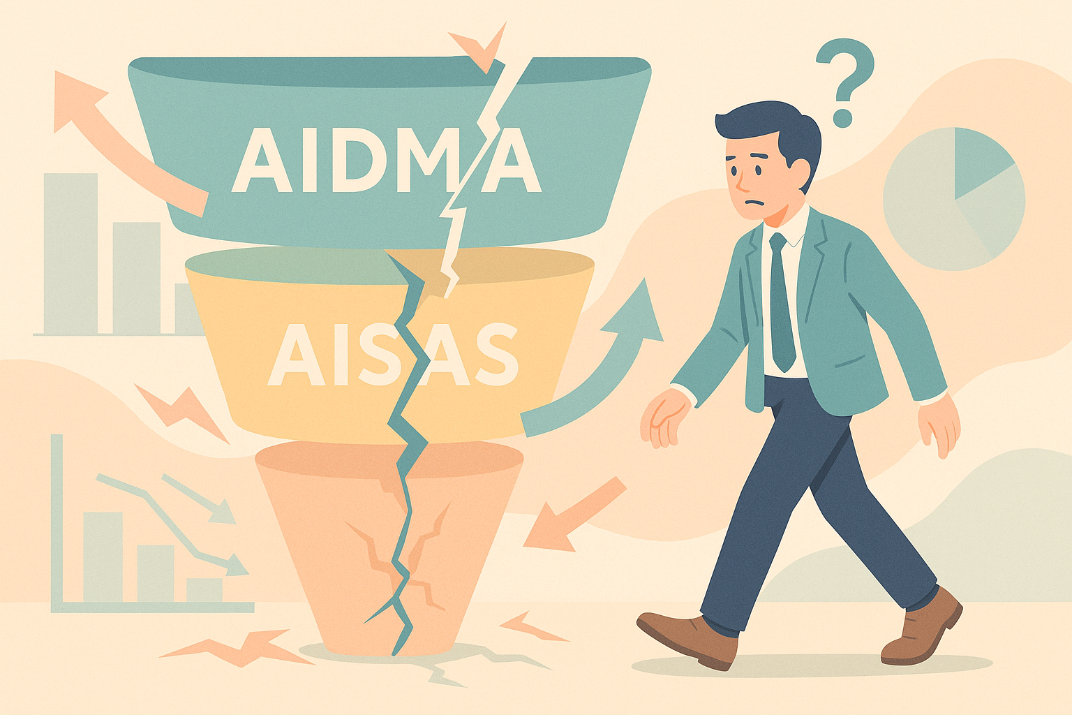 AIDMA・AISAS・ファネルの比較を図示するイメージ